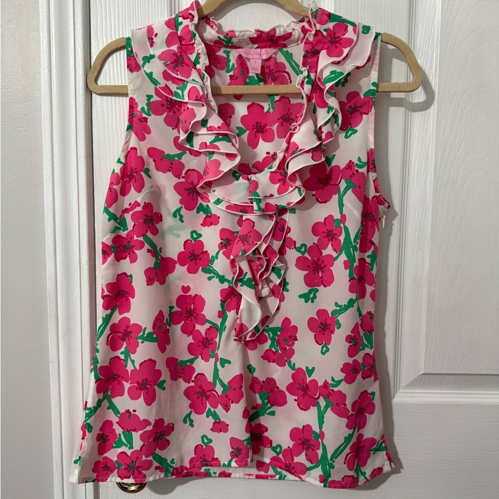 Lilly Pulitzer Pink Floral Ruffle Blouse